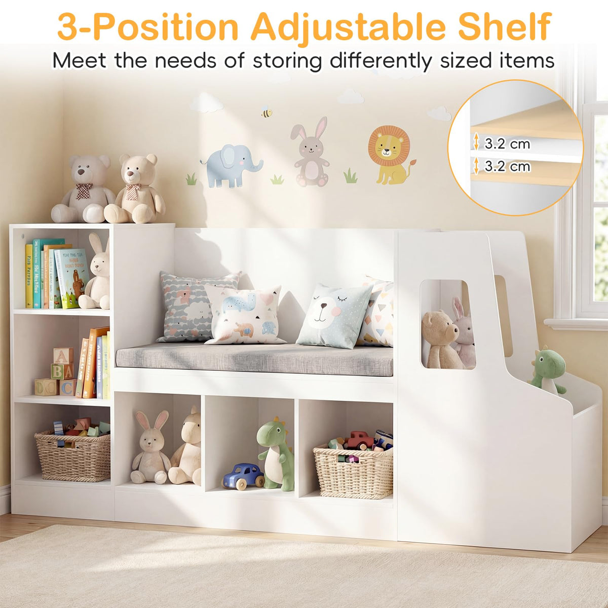 Car-Shaped Kids Bookshelf with Reading Nook, Kids Bookcase w/6 Compartments
