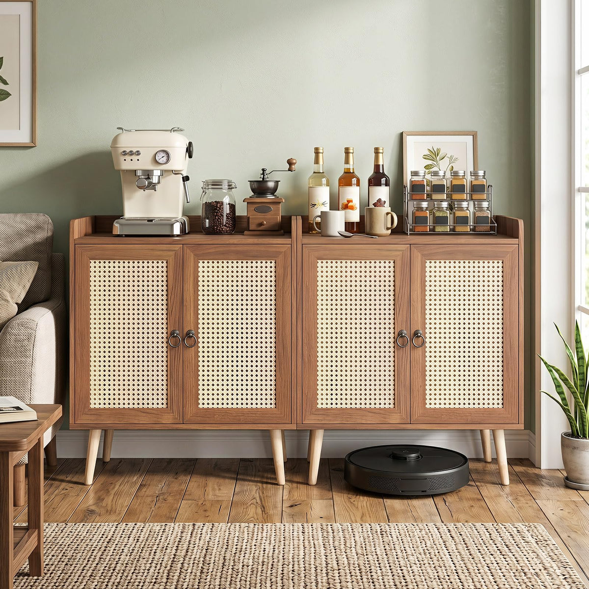 Giantex Sideboard Buffet Cabinet, Rattan Coffee Bar Cabinet with 2 Doors