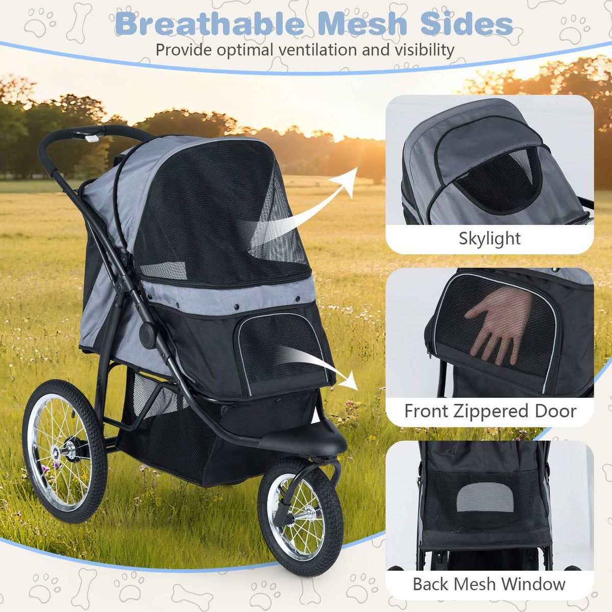 3-Wheel Pet Stroller for Small and Medium Dogs Foldable Cat Stroller Jogger