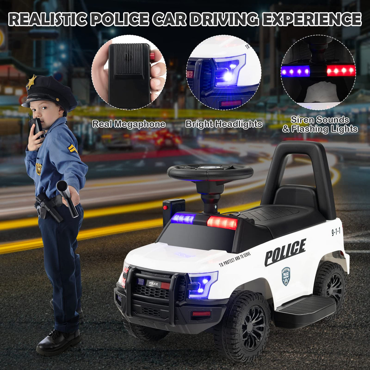 Kids Ride On Police Car, 6V Battery Powered Electric Toy Car w/Real Megaphone, Music