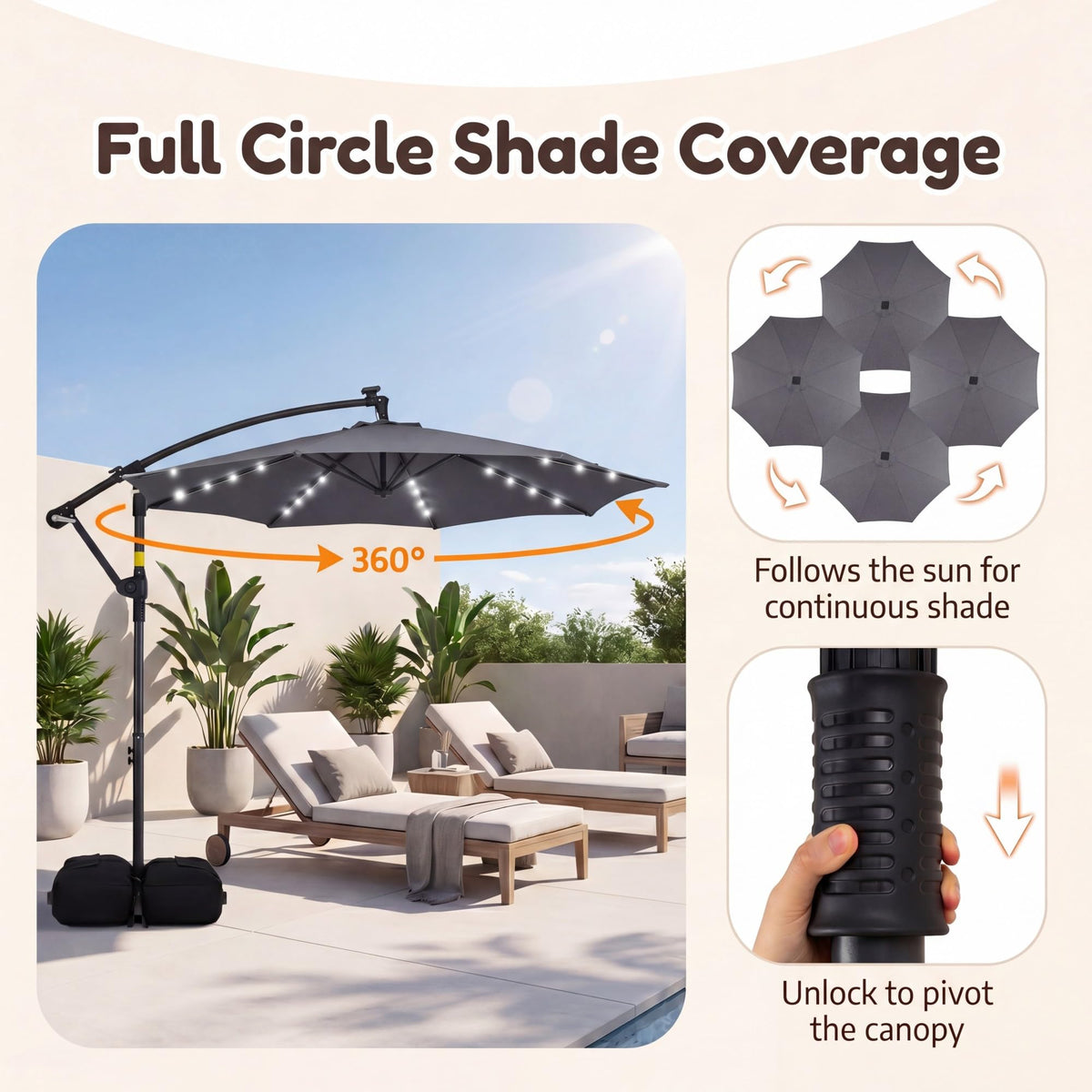 3m Solar Offset Hanging Umbrella with 32 LED Lights and 360° Rotation