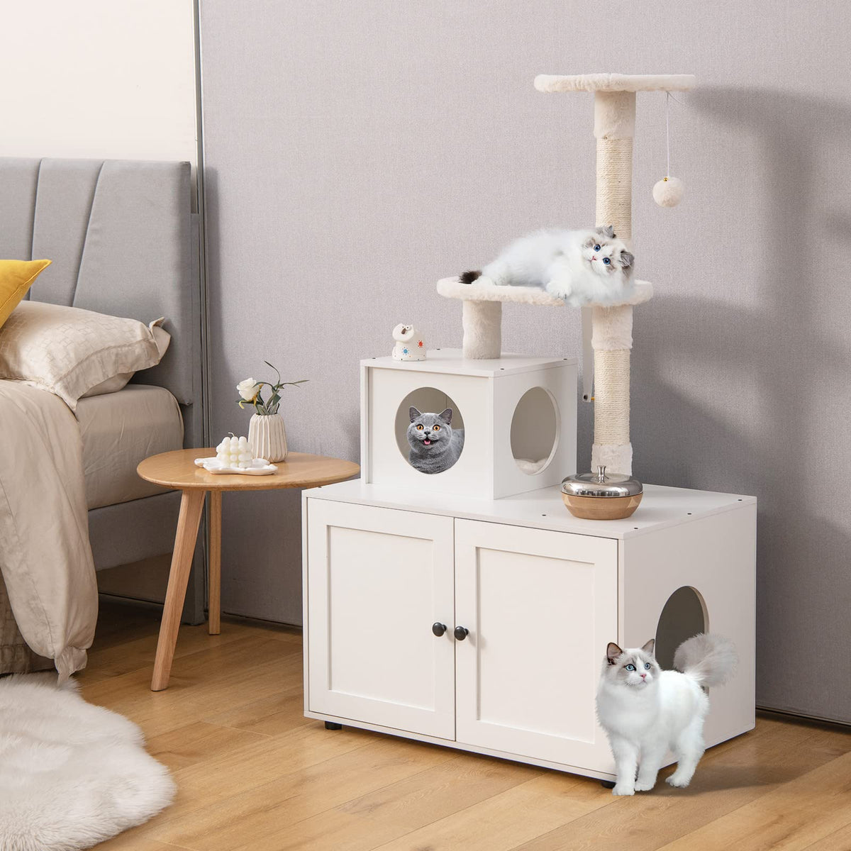 Cat Tree with Litter Box Enclosure 2-in-1 Modern Cat Tower with Cat Condo