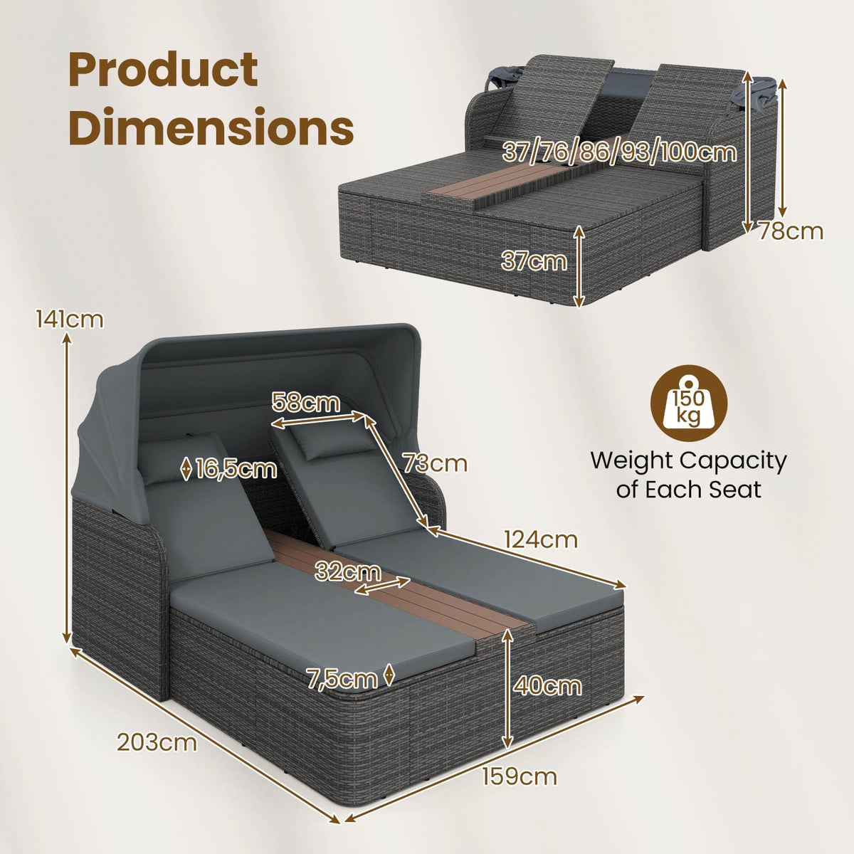 Rattan Double Daybed, Outdoor Chaise Lounge Loveseat w/Retractable Sunshade