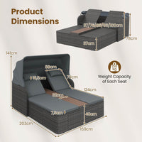 Rattan Double Daybed, Outdoor Chaise Lounge Loveseat w/Retractable Sunshade