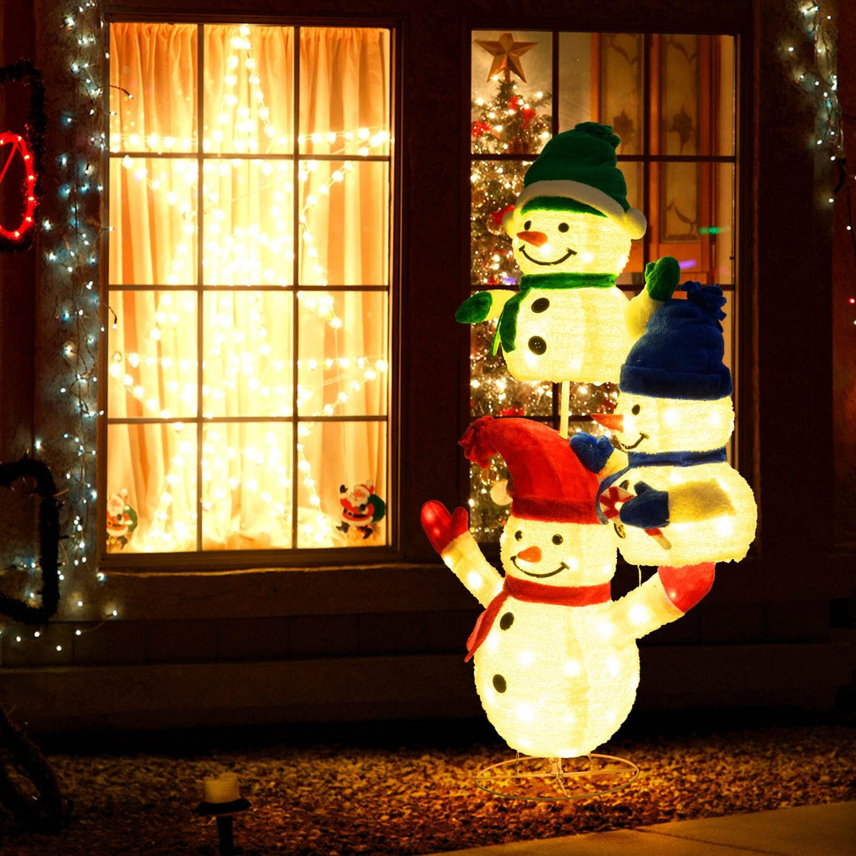 150cm Stacked Snowman Lighted Christmas Decoration, 3D Light-up Snowman with 110 LED Lights