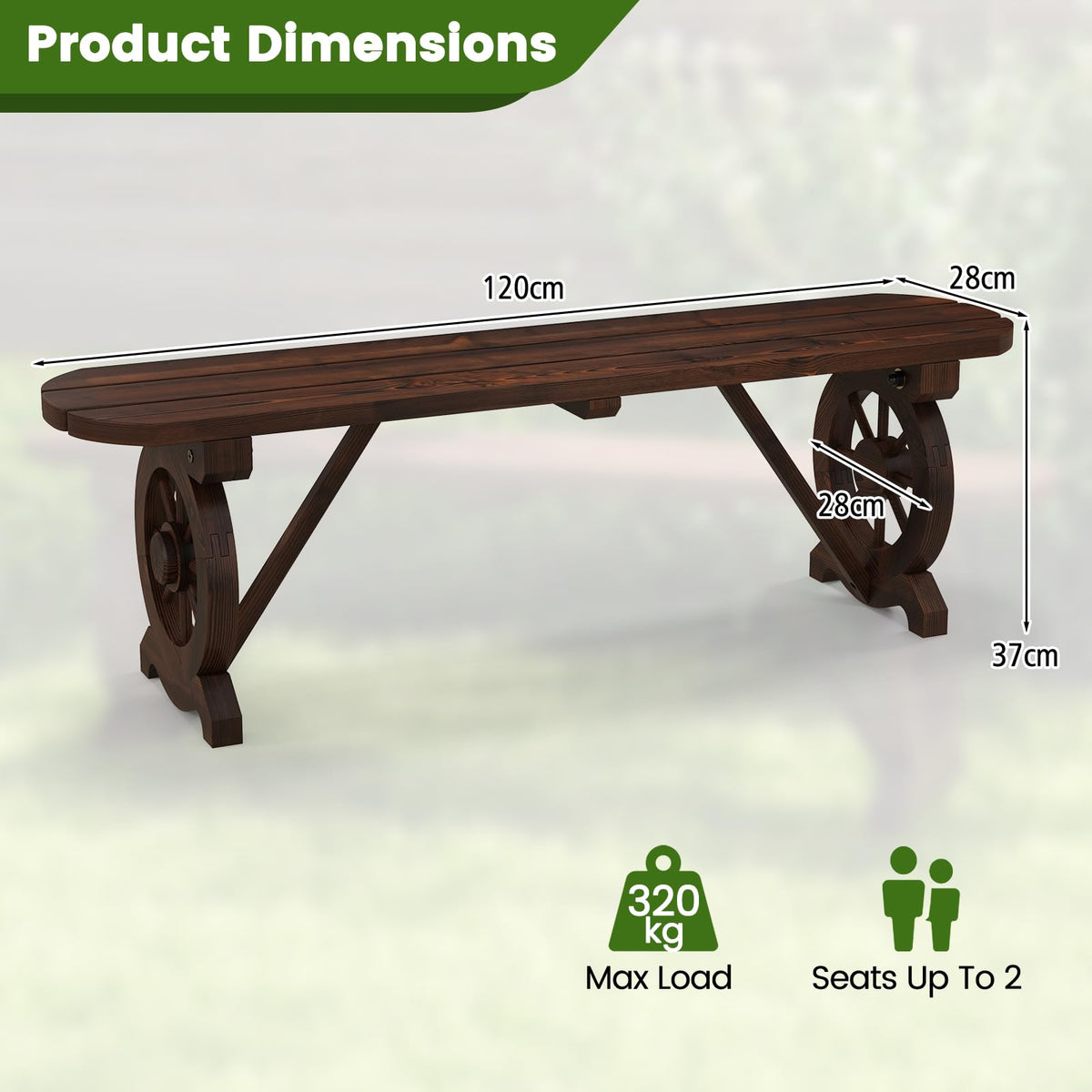 Patio Rustic Wood Bench, Carbonized Wood Long Bench w/Wagon Wheel Base