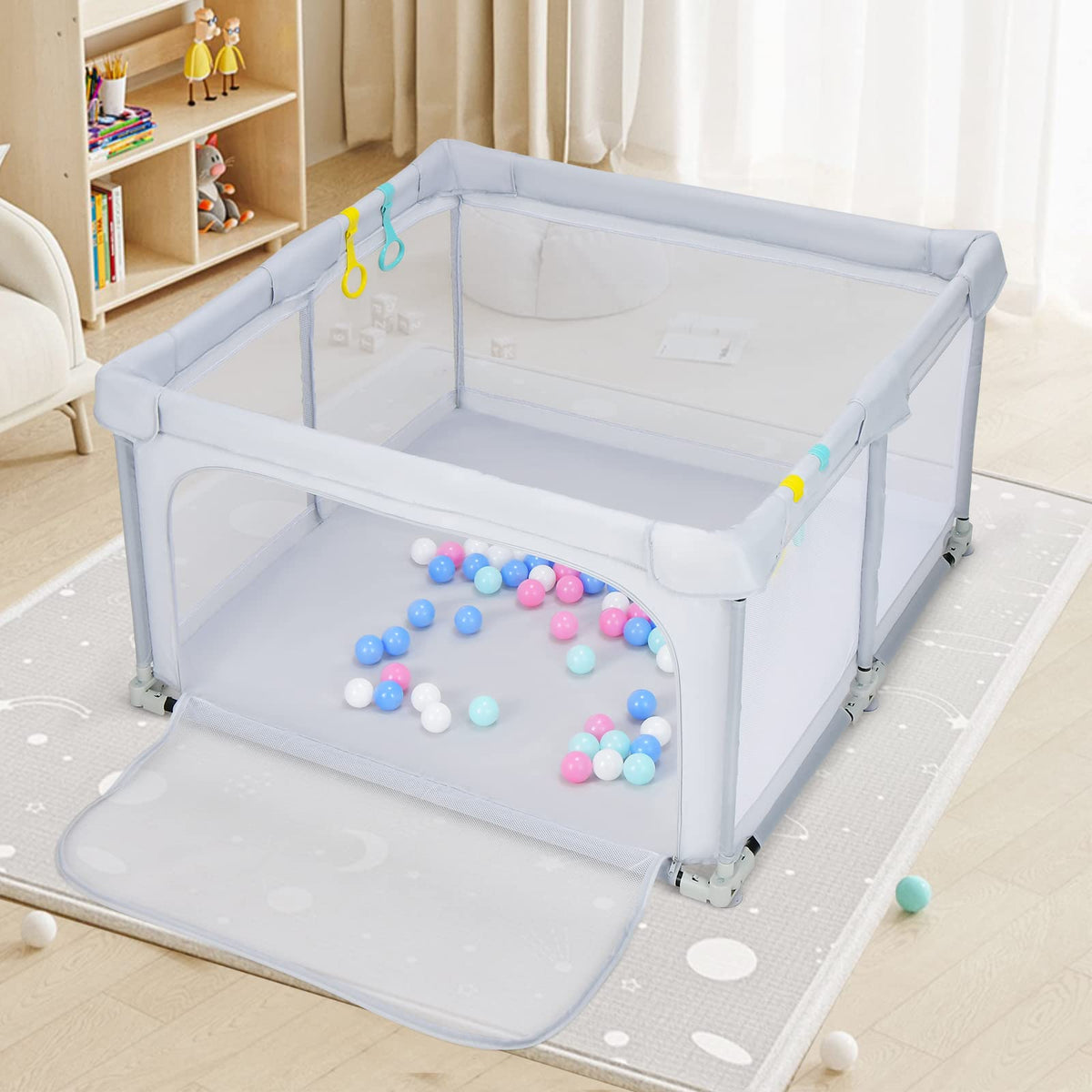 Foldable Baby Playpen, Playpen Activity Center for Babies Toddlers w/50 Balls & 4 Pull Rings