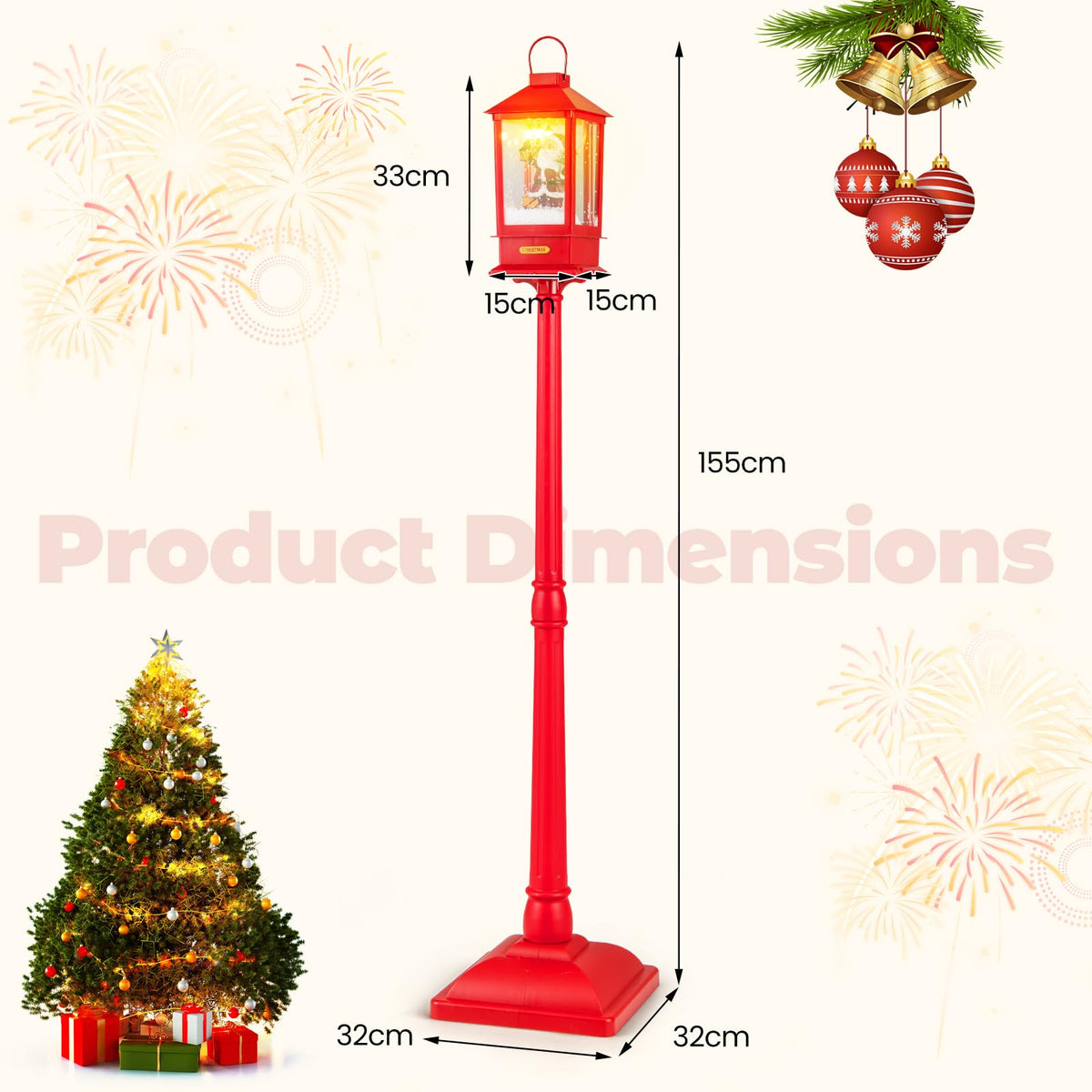 1-Piece Christmas Street Lamp 155cm with Snow Globe and Santa Music for Porch