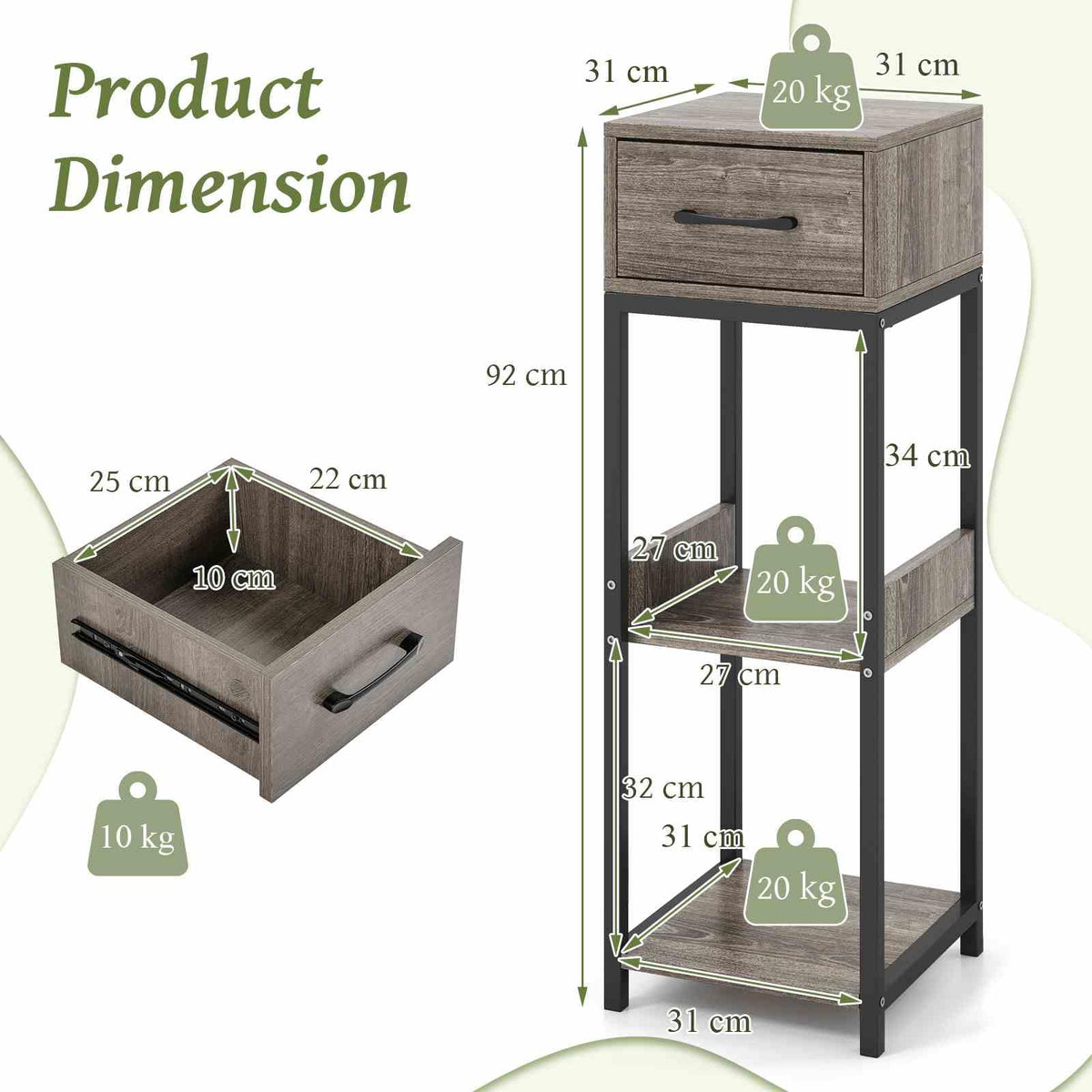 3 Tier Indoor Tall Plant Stand, Metal Plant Table with Drawer, Anti-Tipping Devices