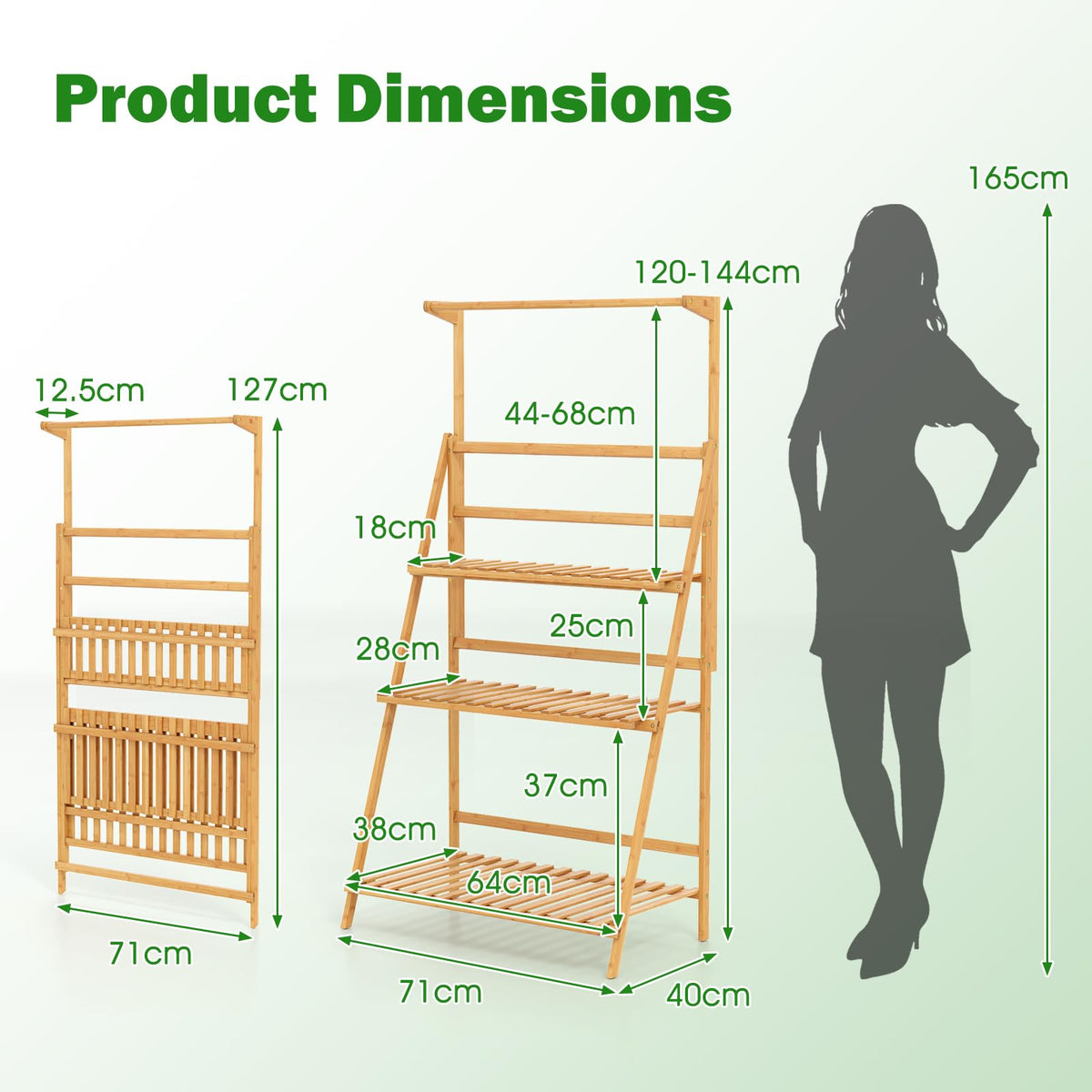 3 Tier Bamboo Ladder Plant Pot Stand with Height Adjustable Hanger Rod