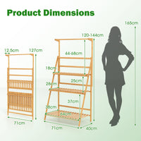 3 Tier Bamboo Ladder Plant Pot Stand with Height Adjustable Hanger Rod