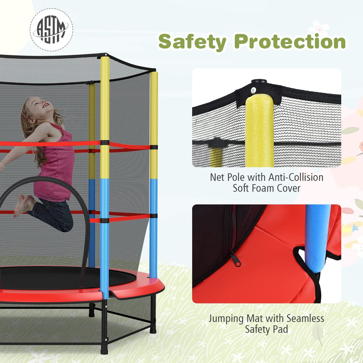55 Inches Kids Trampoline with Safety Enclosure Net