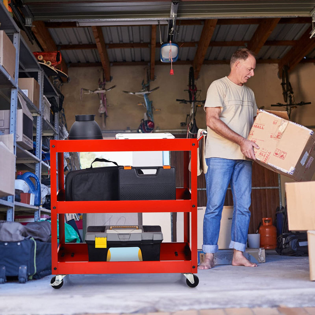 3-Tier Utility Cart, Heavy Duty Service Cart with Ample Storage Space & Humanized Handle