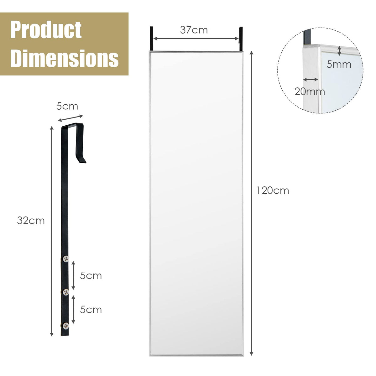 Giantex 120 x 37 cm Over the Door Mirror, Full-Length Mirror with Hooks