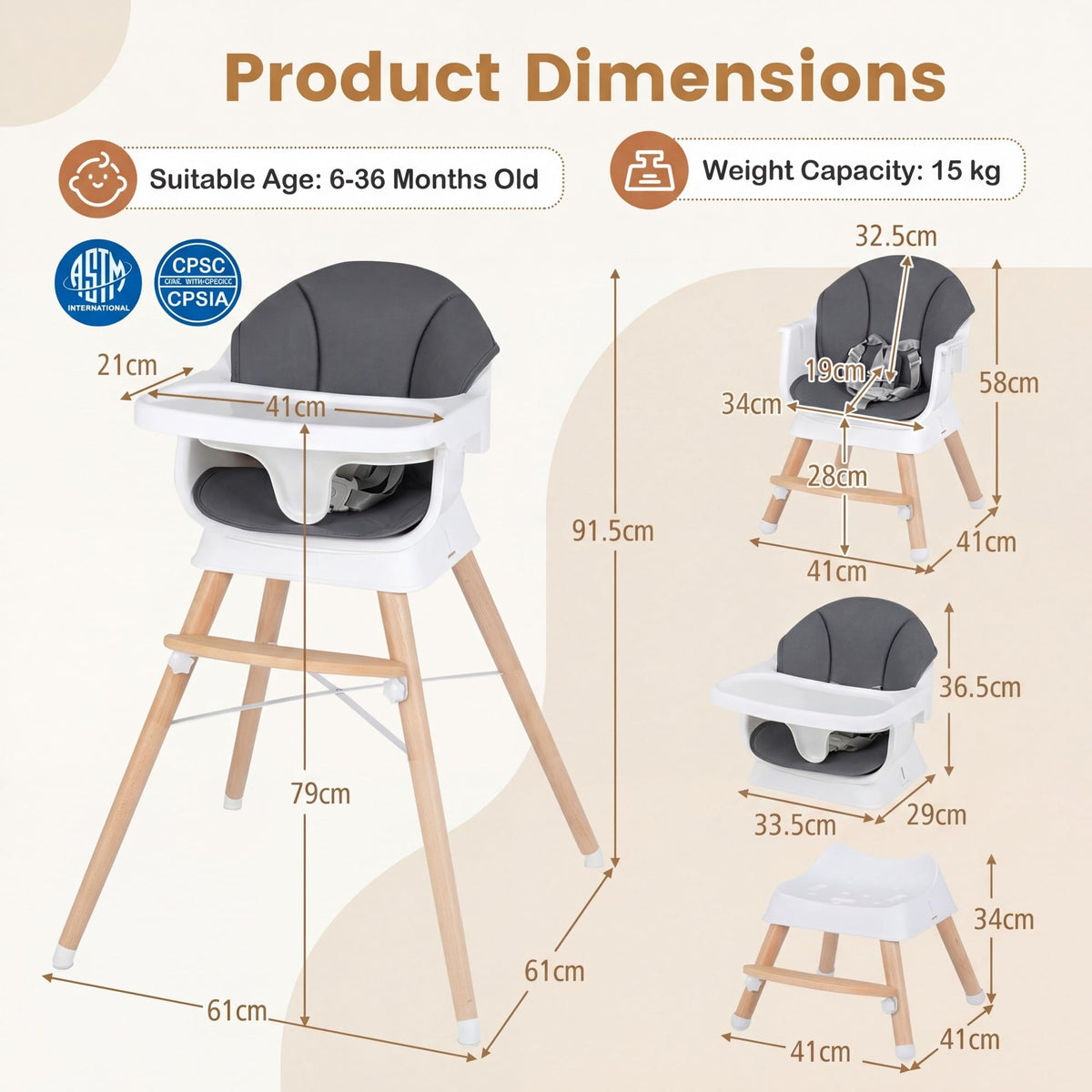Convertible High Chair for Babies and Toddlers with 3-Position Adjustable Tray and 5-Point Harness