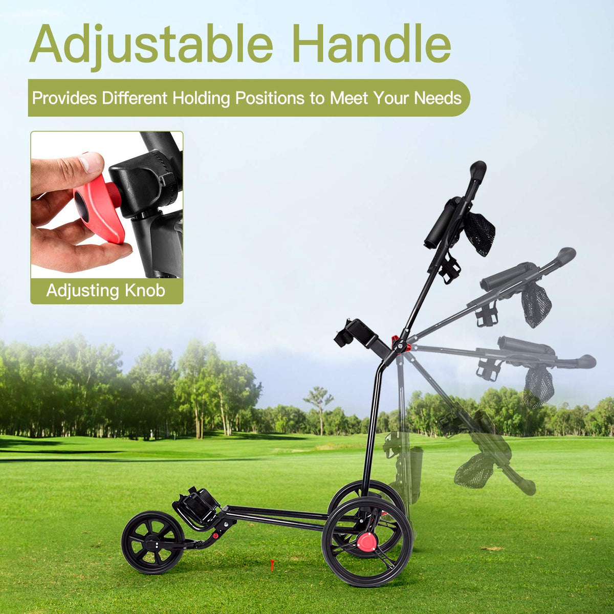 3 Wheel Golf Push Cart, Folding Collapsible Lightweight Iron Golf Pull Cart with Adjustable TPR Handle