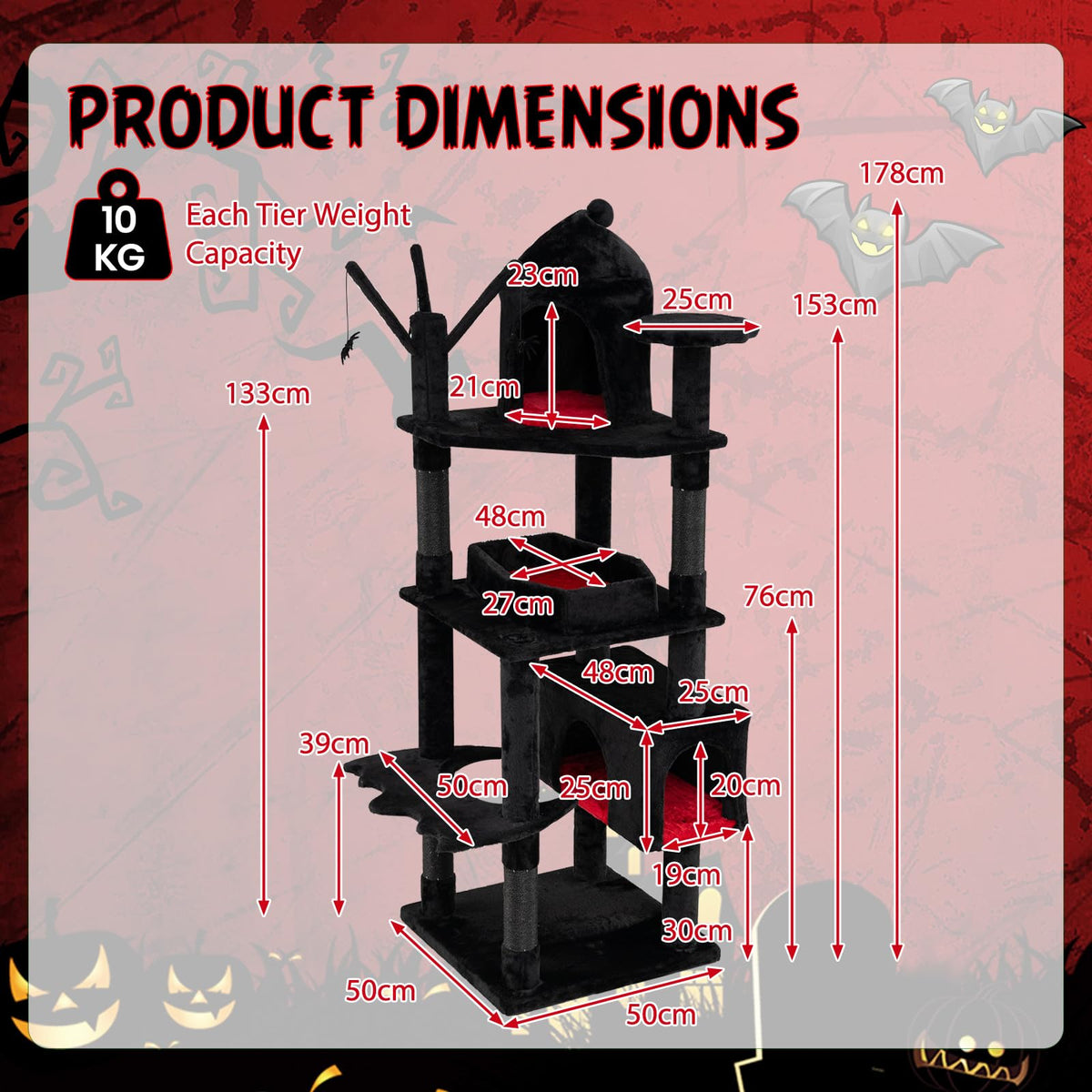 153cm Gothic Cat Tree for Indoor Cats with Castle House and Spider Hanging Balls