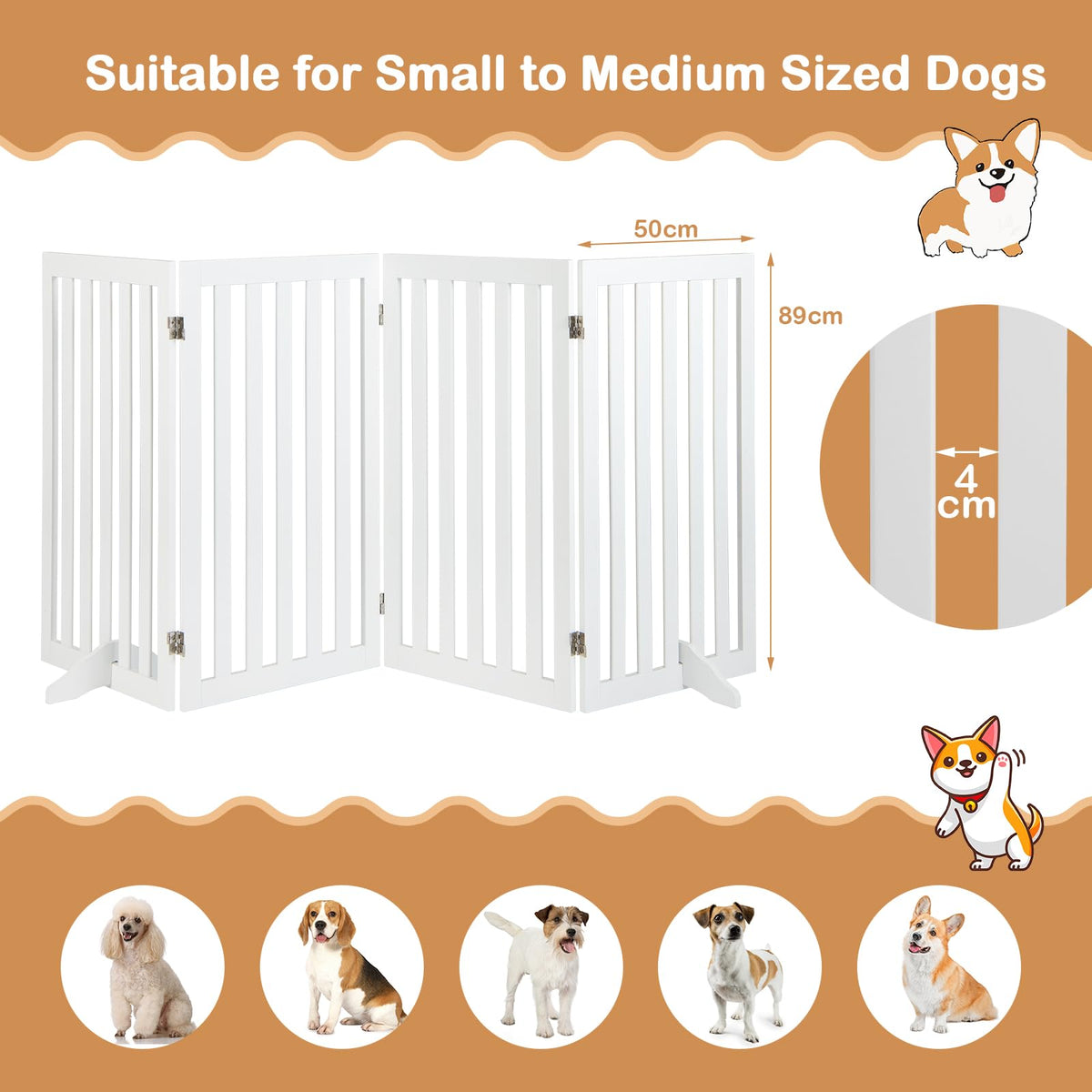 89cm Pet Gate 4 Panels Freestanding Wooden Fence for Small Dogs