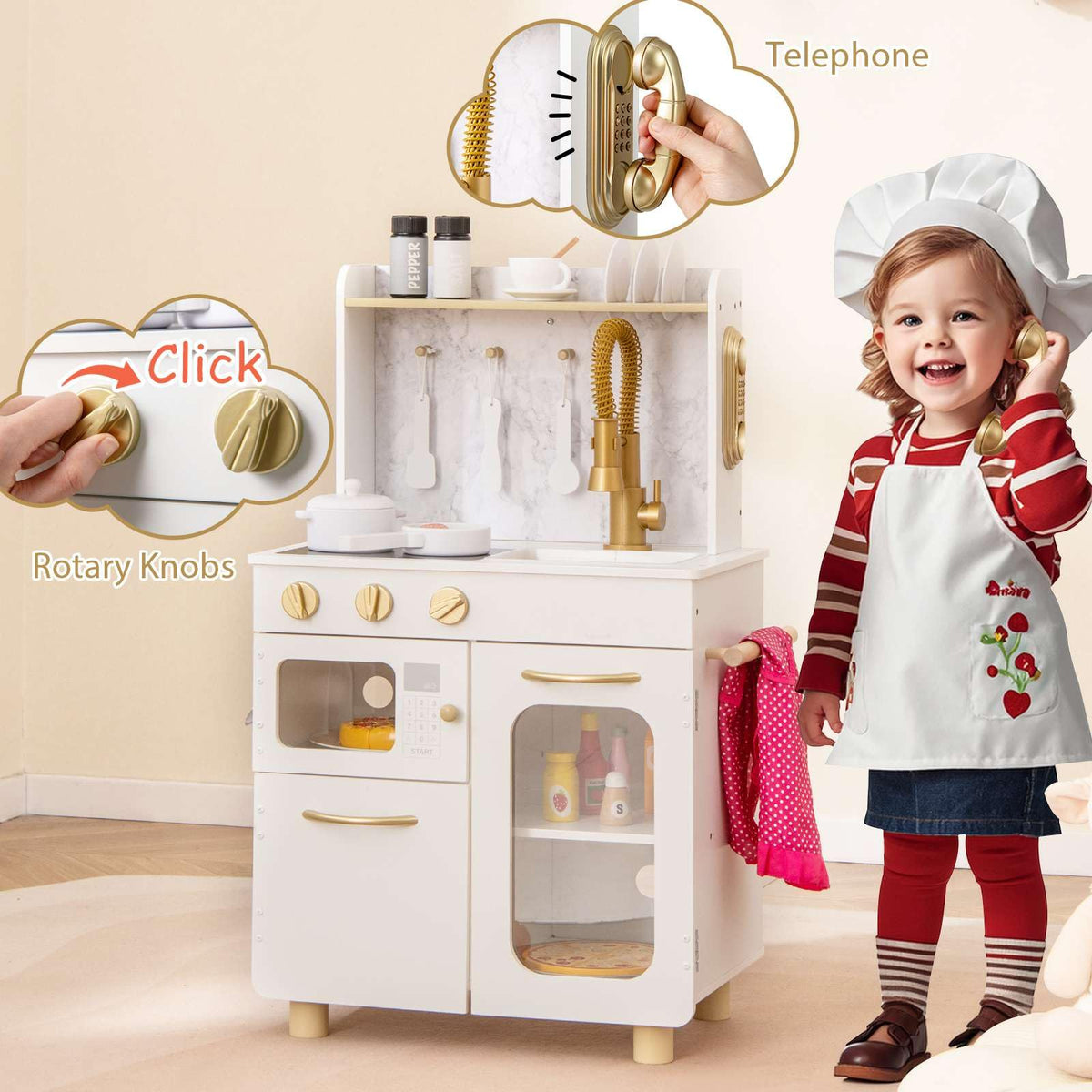 Pretend Play Kitchen with Stoves and Faucet for Boys and Girls 3+ Years Old