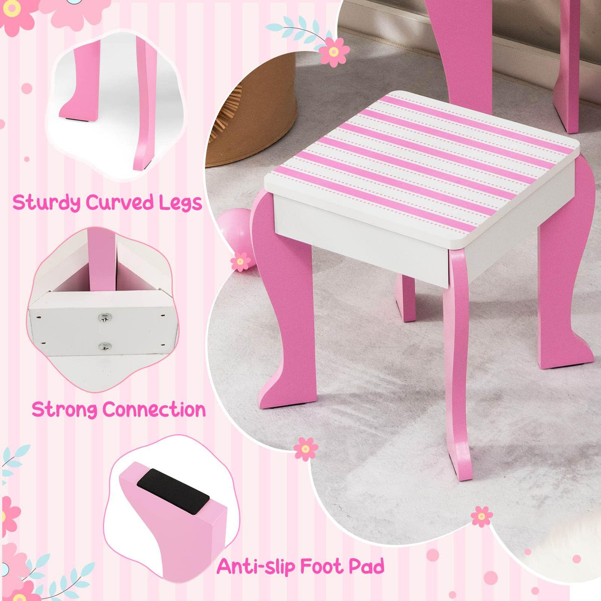 Kids Vanity Table & Stool Set, Wooden Princess Makeup Dressing Table with Detachable Top & Writing Desk