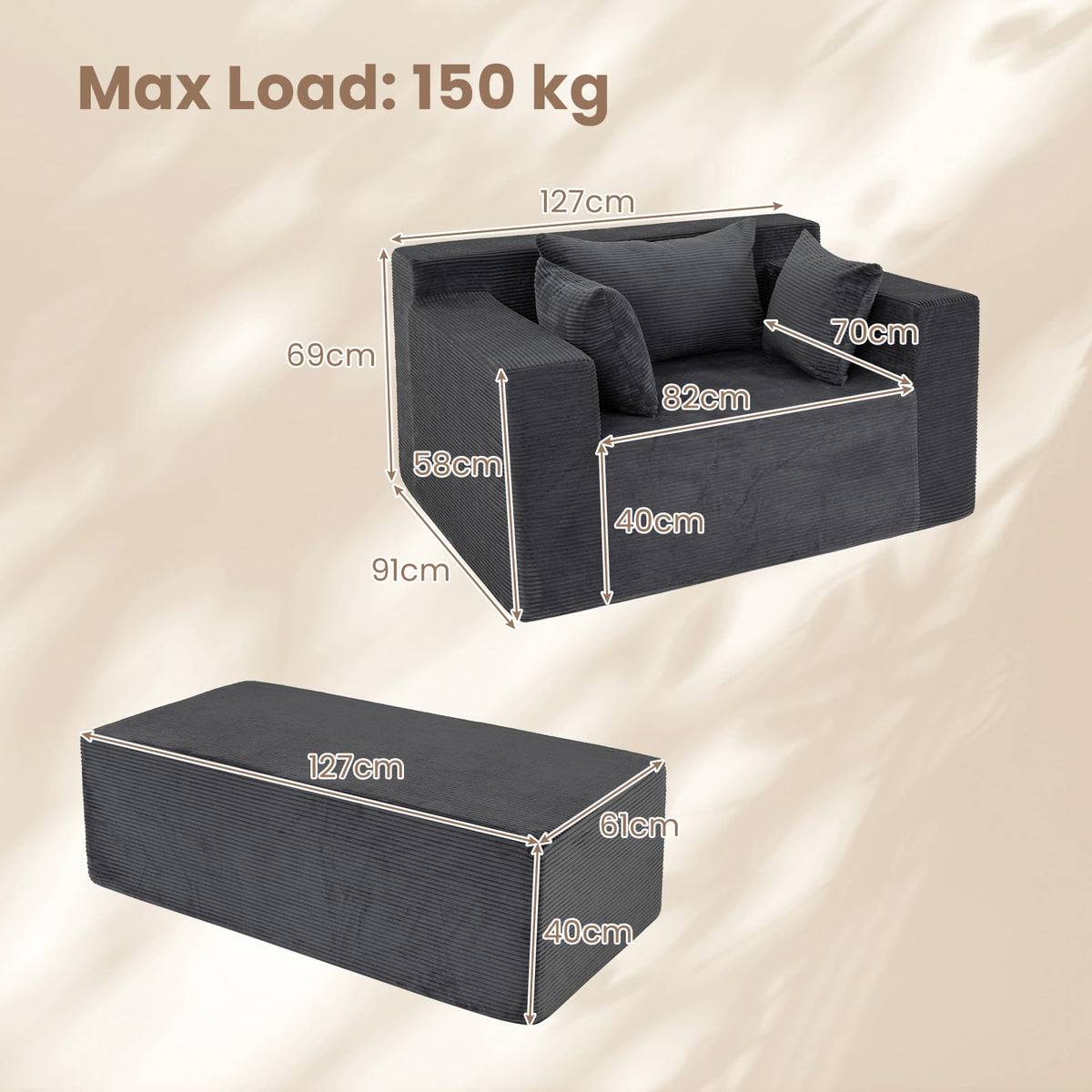 Single Foam Sofa with Ottoman Boneless Floor Lounge Chair with Pillows