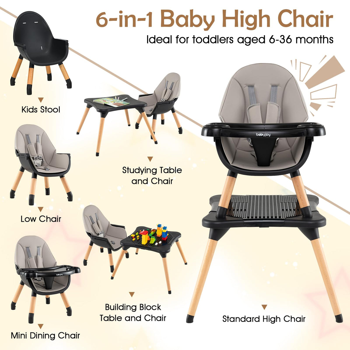 Convertible Table Chair Set w/Building Block Table, Safety Harness, Removable Tray