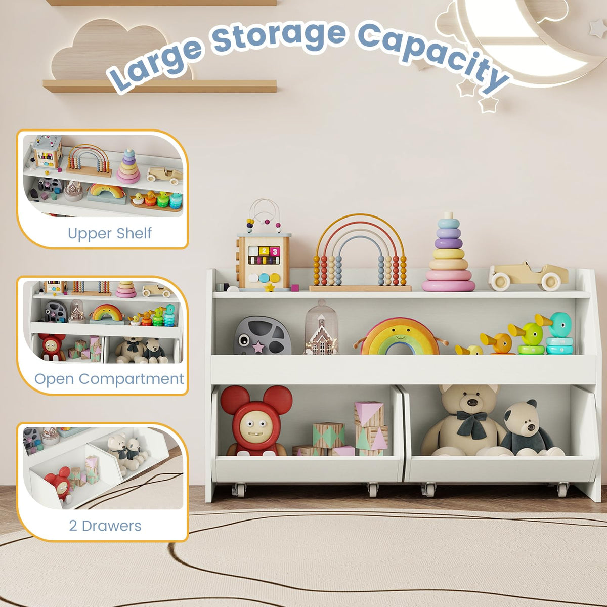 Kids Toy Storage Box, Children Wooden Bookcase with 2 Movable Drawers
