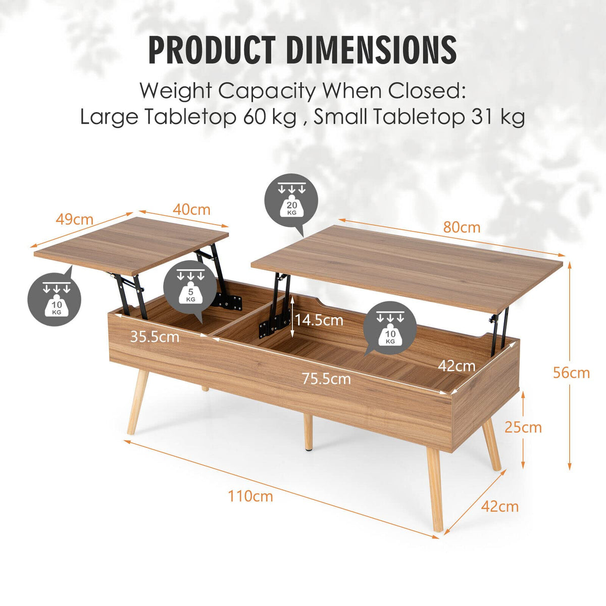 120cm Lift Top Coffee Table with Storage, Split Top Accent Table with Pneumatic Rods, Brown