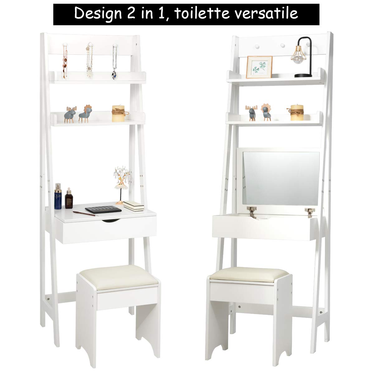 Giantex 3-in-1 Vanity Set, Vanity Table Desk Bookshelf w/ Flip Top Mirror