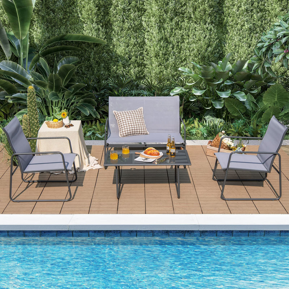 4 Piece Garden Patio Bistro Furniture Set with Loveseat, Coffee Table and 2 Chairs
