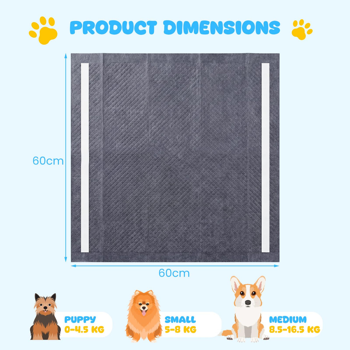 Charcoal Dog Pee Pads, 60 x 60 cm (150 Count) 6-Layer Leak-Proof Pet Potty Training Pads for Dogs