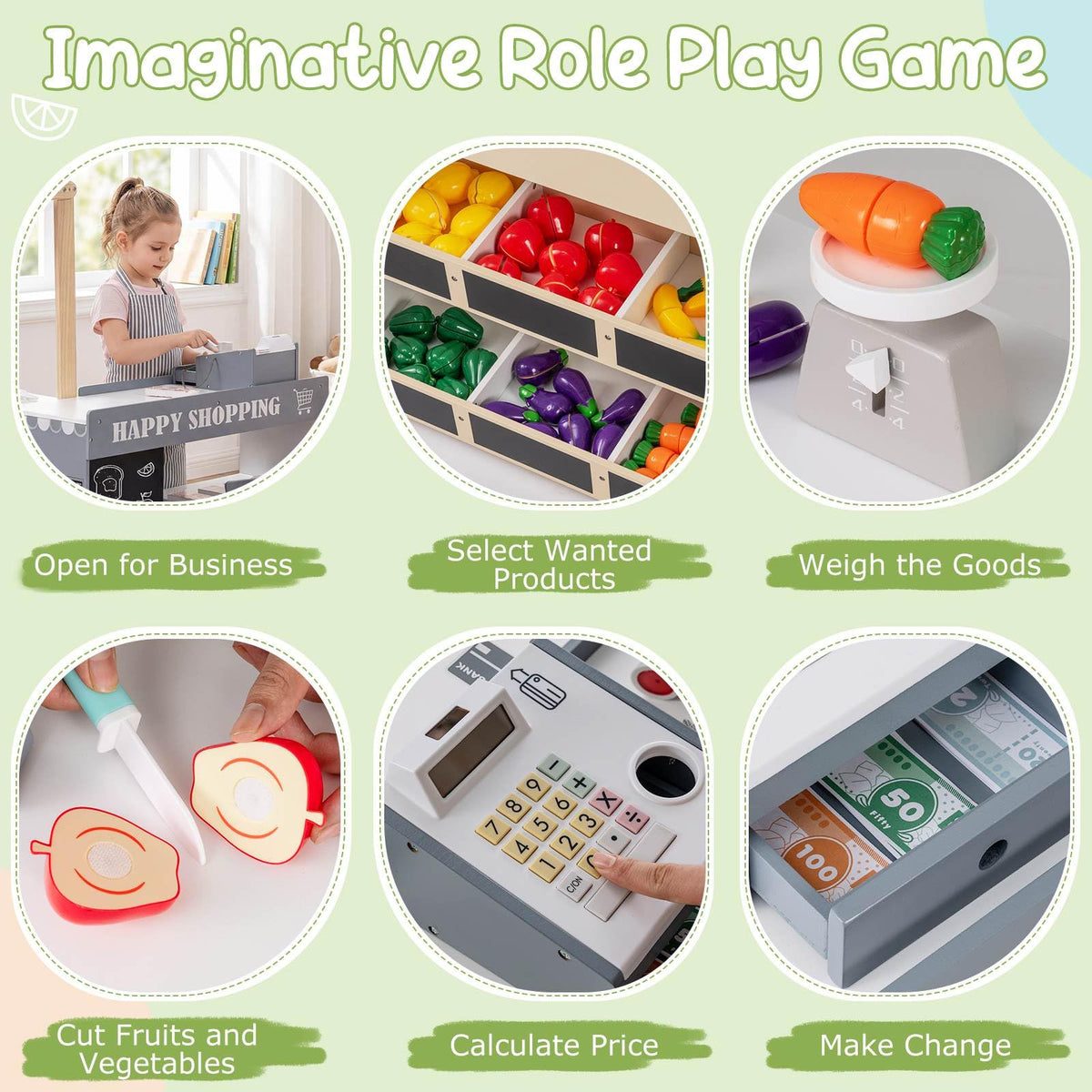 Kids Grocery Store Playset, Wooden Pretend Play Supermarket