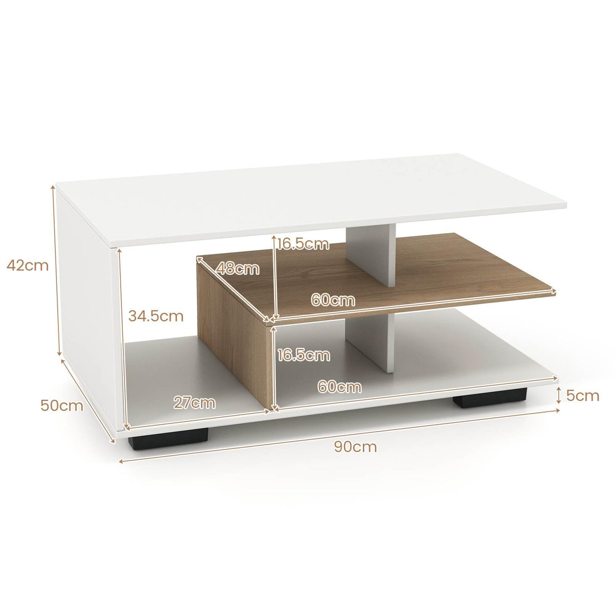 Coffee Table Modern Rectangular Center Table w/ L-Shaped Middle Storage Shelf