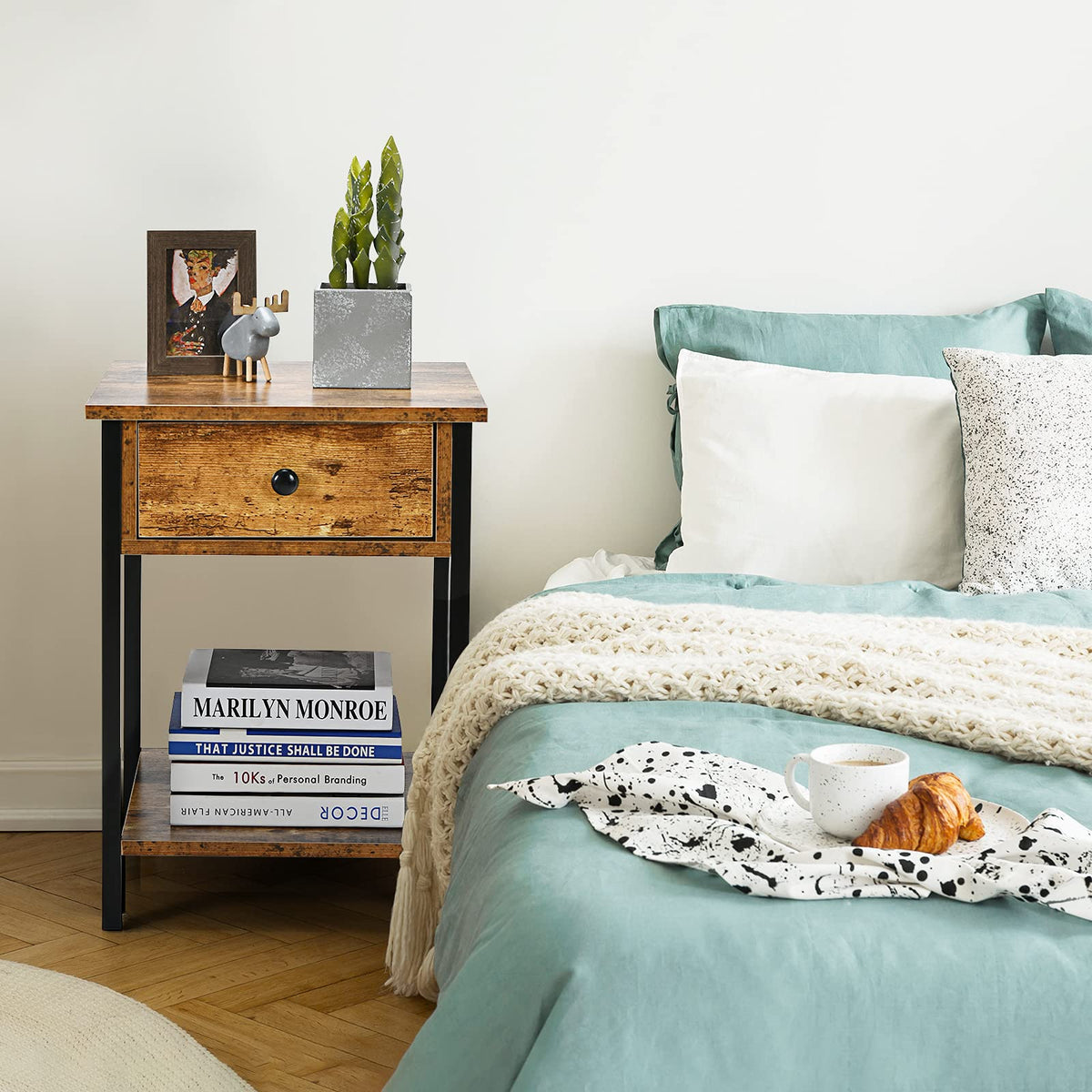 Nightstand End Table, 2-Tier Bedside Table w/Open Shelf & Drawer, Metal Frame, Rustic Brown, 40x40x54cm