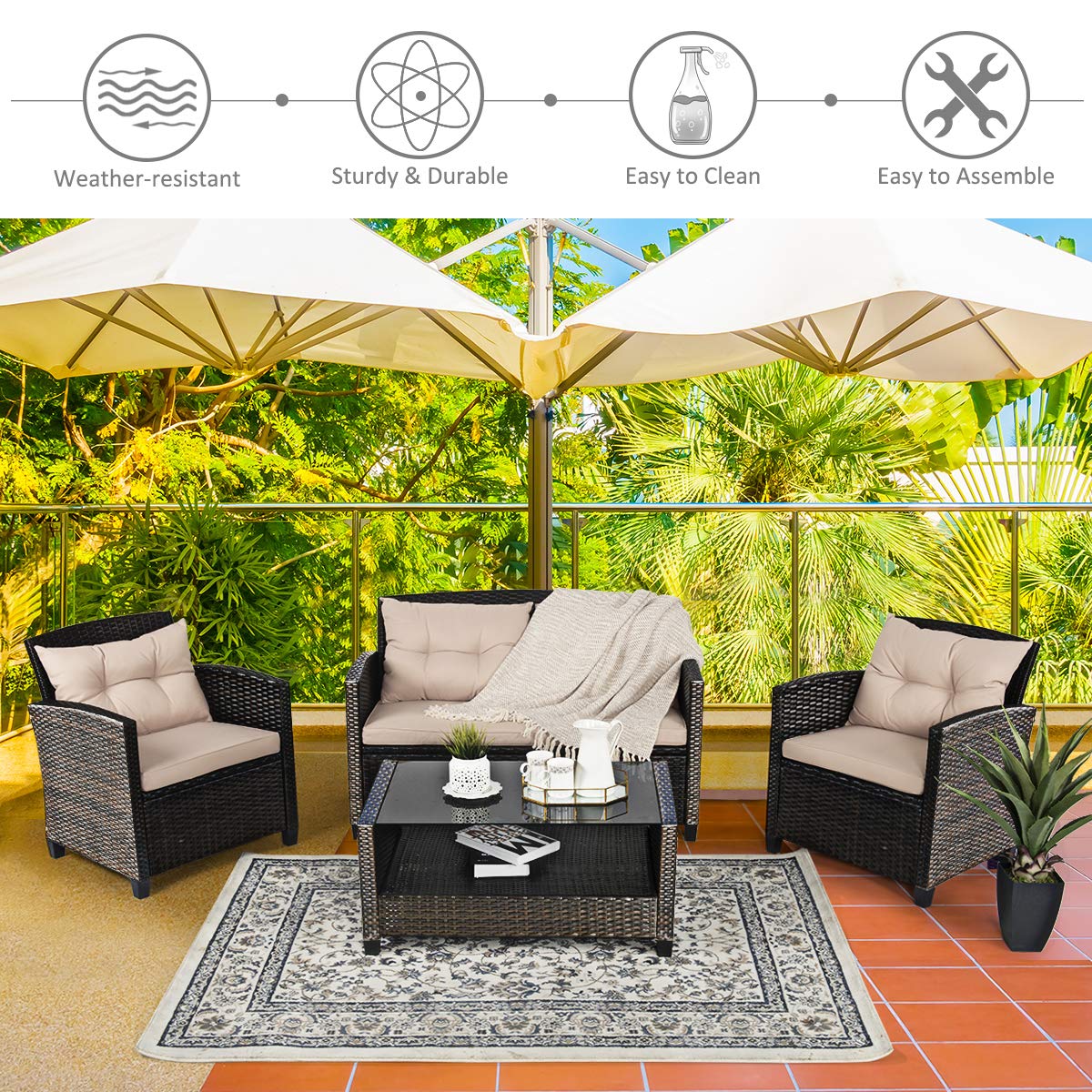 4 Pieces Outdoor Rattan Furniture Set, Patio Wicker Conversation Sofa w/Chairs, Tempered Glass Coffee Table & Soft Cushions