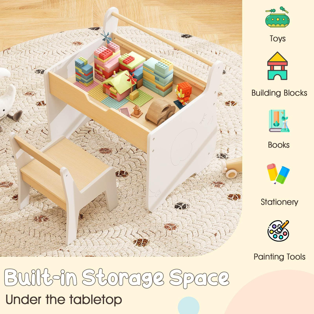 3 in 1 Kids Wood Table and Chair Set