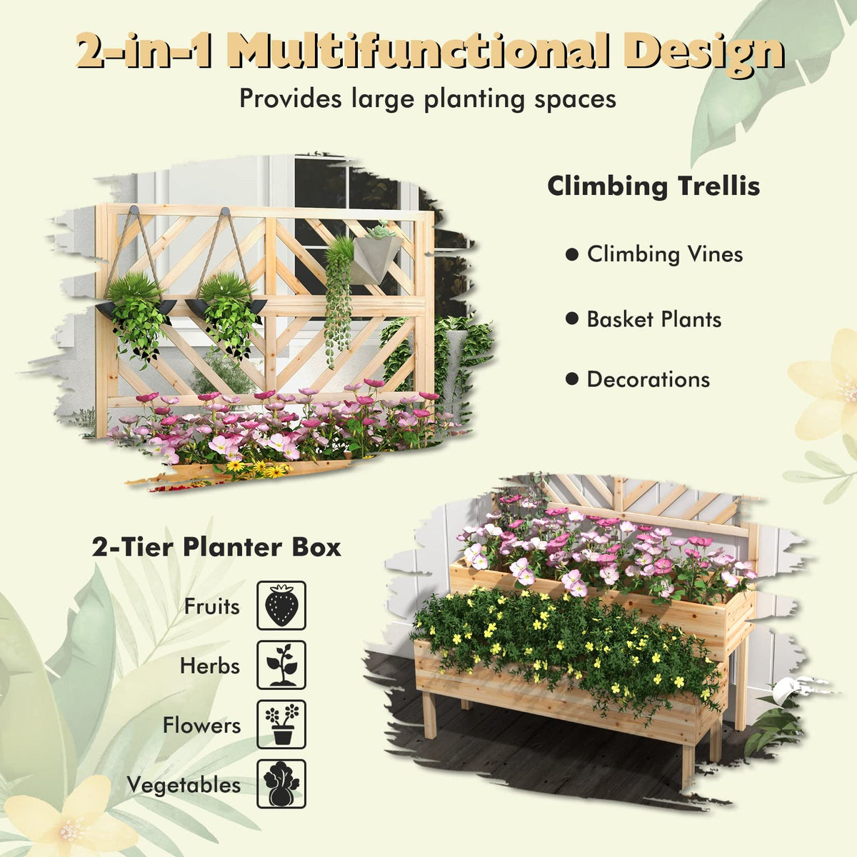 Giantex 2-Tier Raised Garden Bed w/Trellis, Wooden Elevated Planter Box w/Legs
