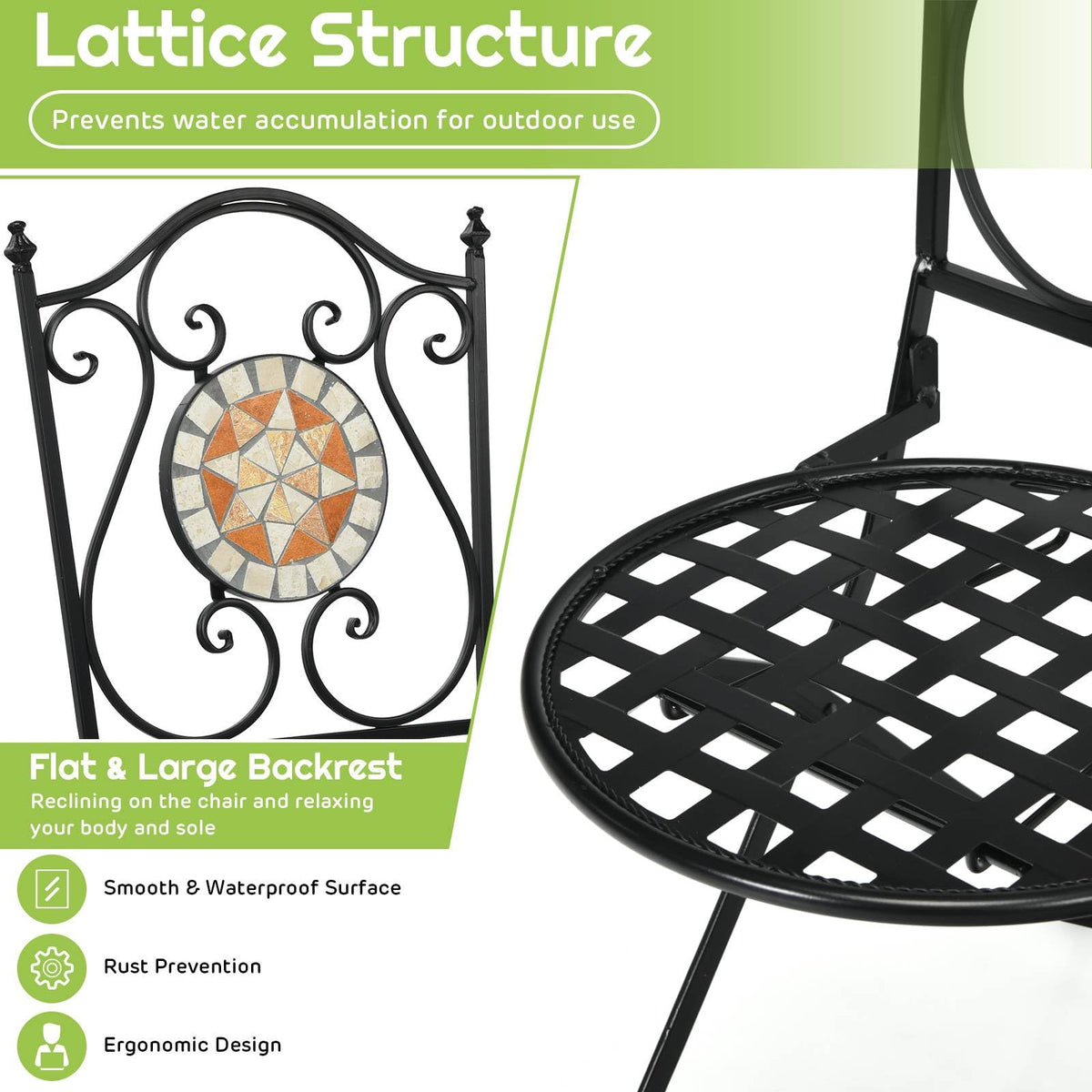 3 Piece Patio Bistro Set, Mosaic Pattern Metal Dining Set