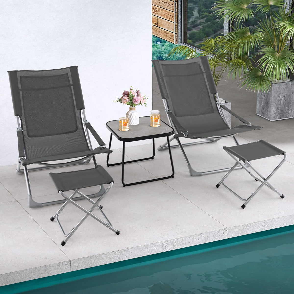 5 Piece Patio Sling Chair Set with Ottoman & Coffee Table for Garden
