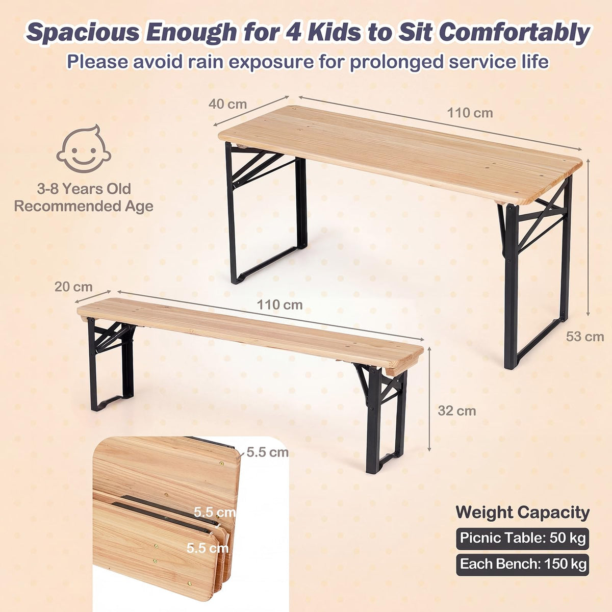 110 CM Folding Kids Picnic Table & Bench Set, No Assembly Wooden Toddler Table