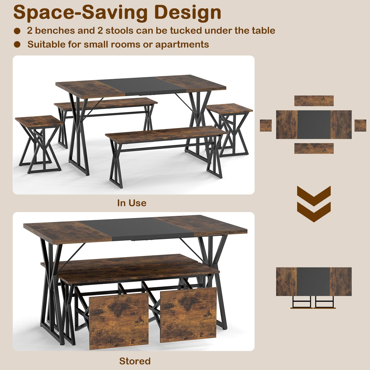5-Piece Dining Room Set for 4-6 People Space-Saving Dinette Set with Metal Frame