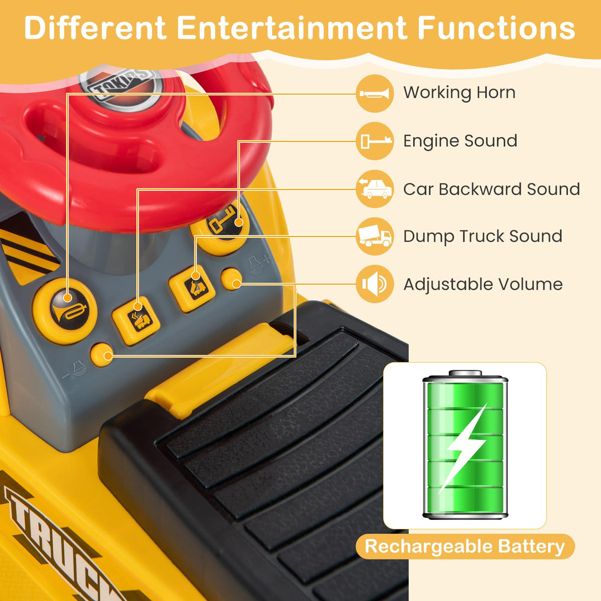 6V Kids Ride On Excavator, Multifunctional Construction Car w/Storage, Horn & Sound Effects