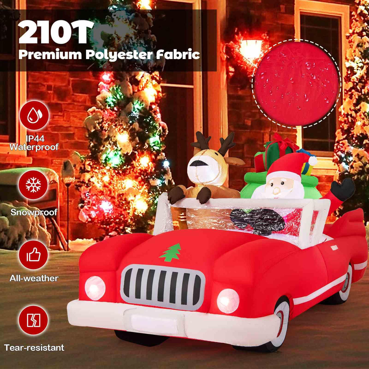 2.35M Long Christmas Inflatable Santa Claus and Reindeer Riding Red Car with Gift Bag