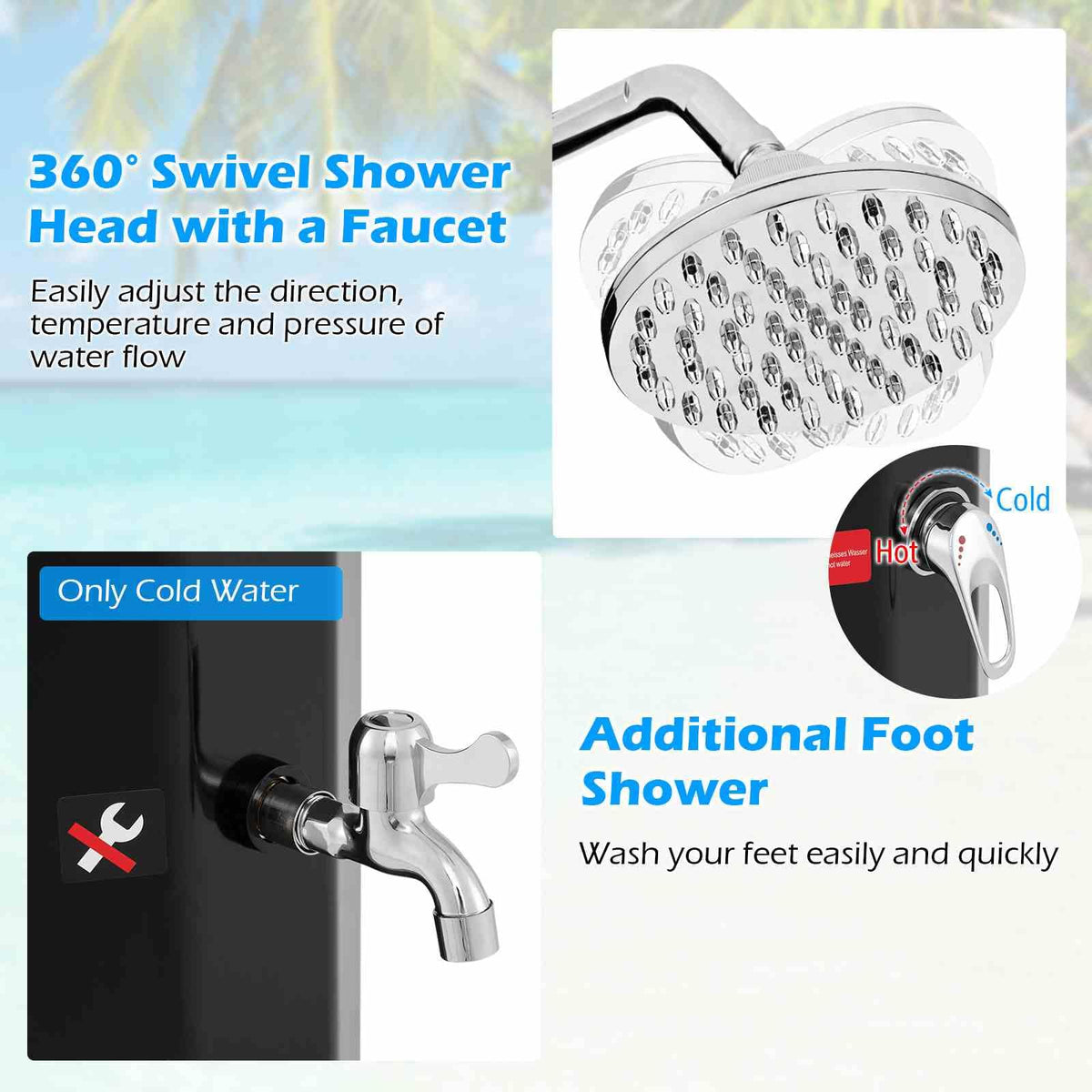 Solar Shower Unit 60 L Solar Heated Outdoor Shower, 2.3 CM Outdoor Shower with Shower He ...