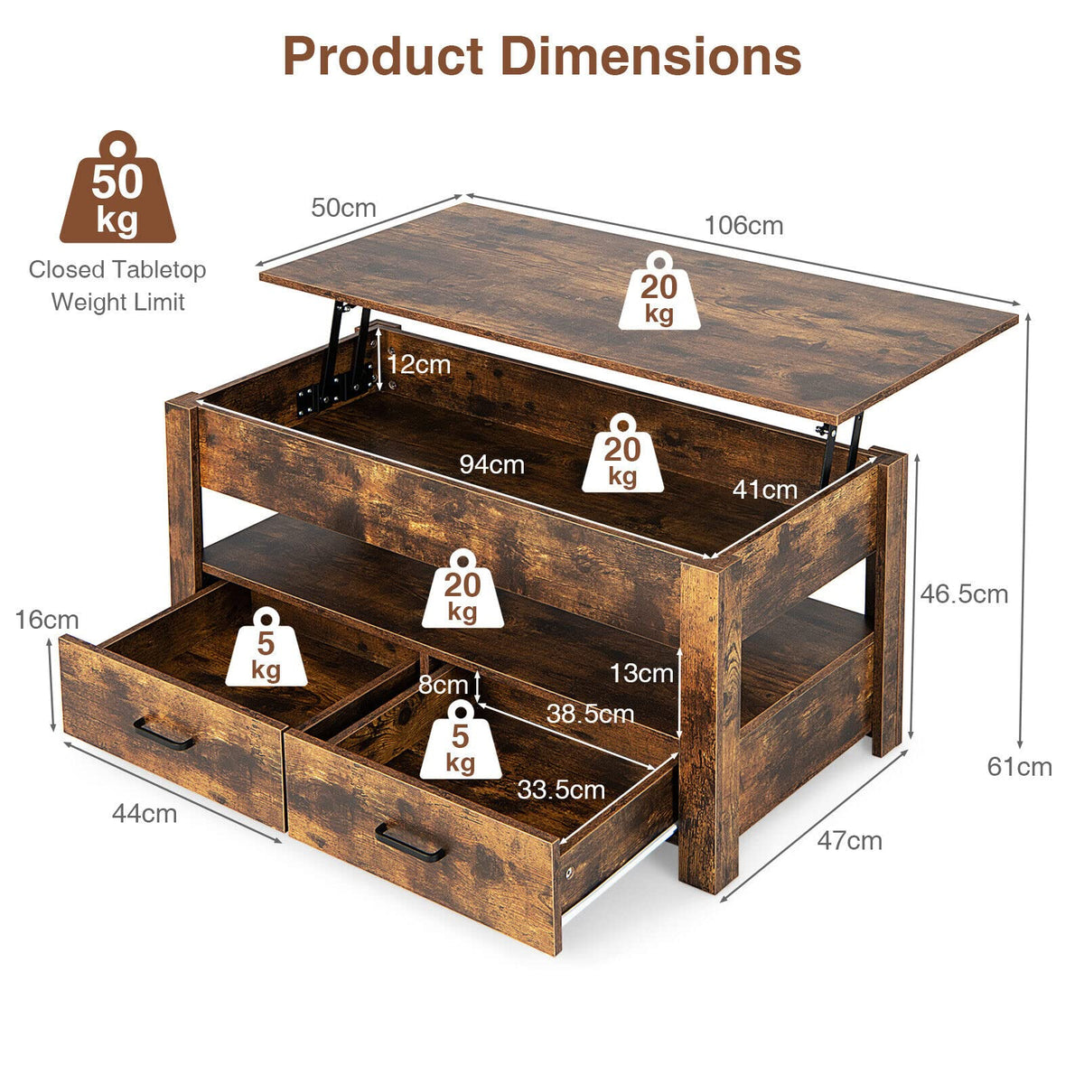 Giantex Lift Top Coffee Table, Industrial Accent Table with Enclosed Compartment, Rustic Brown