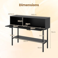 Rattan Console Table with Flip Doors and Open Storage Shelf