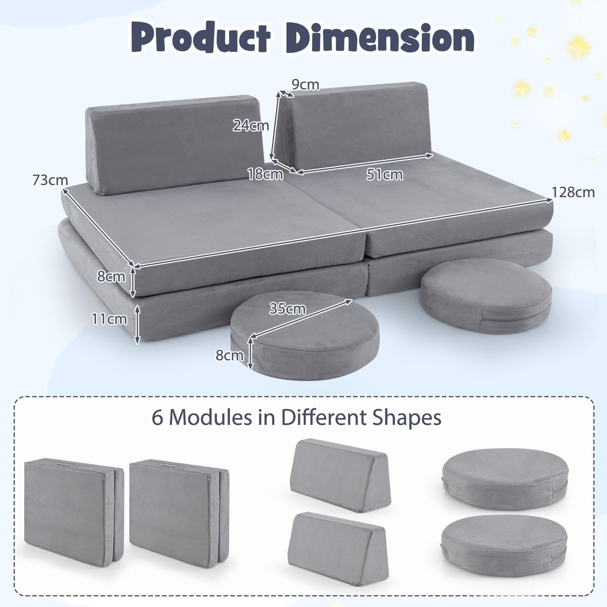 6 Pieces Modular Kids Play Couch for Playroom Nursery