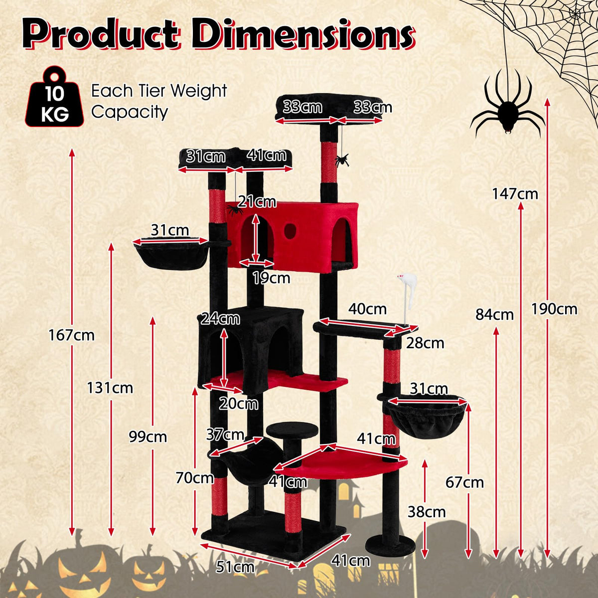 190cm Gothic Cat Tree for Indoor Cats with 2 Plush Perches and 2 Condos for Black Halloween