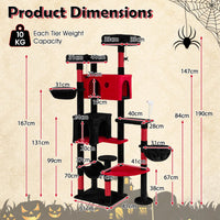 190cm Gothic Cat Tree for Indoor Cats with 2 Plush Perches and 2 Condos for Black Halloween