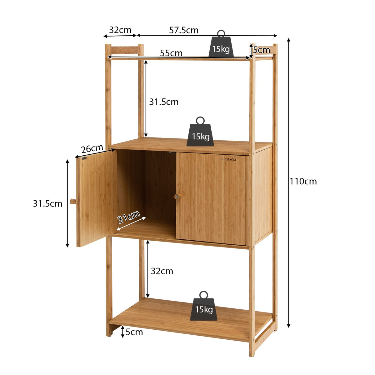 Bamboo Storage Cabinet with 3 Shelves for Bathroom